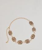 Vintage Charm Gemstone Concho Chain Belt, a trendy gold addition to women's going-out outfits, is ideal for Christmas party outfits, chic NYE attire, or winter night-out looks that keep you on-trend!
