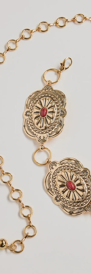 Vintage Charm Gemstone Concho Chain Belt, a trendy gold addition to women's going-out outfits, is ideal for Christmas party outfits, chic NYE attire, or winter night-out looks that keep you on-trend!