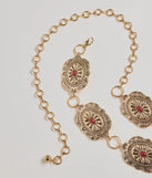 Vintage Charm Gemstone Concho Chain Belt, a trendy gold addition to women's going-out outfits, is ideal for Christmas party outfits, chic NYE attire, or winter night-out looks that keep you on-trend!