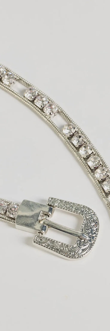 Western Luxe Rhinestone Belt, a trendy silver addition to women's going-out outfits, is ideal for Christmas party outfits, chic NYE attire, or winter night-out looks that keep you on-trend!