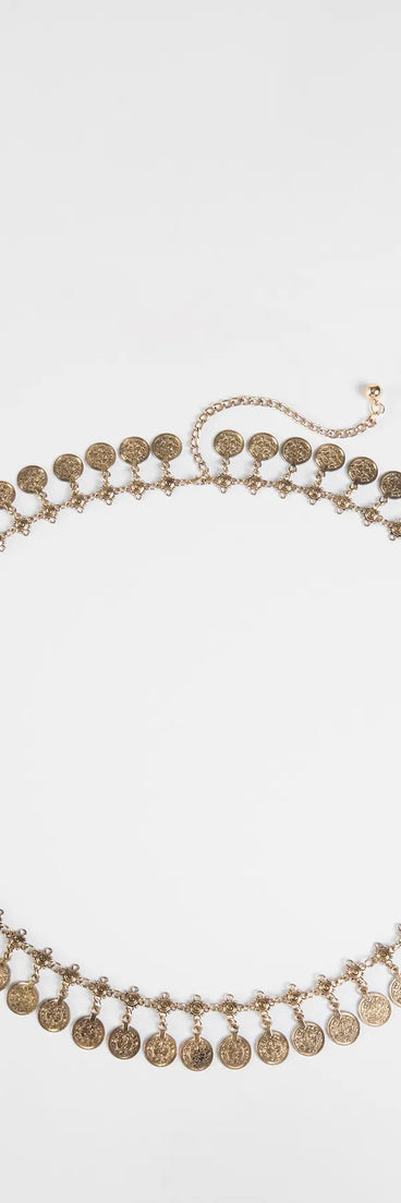 The Boho Charm Coin Chain Belt in gold brings edge and energy to your vibe, ready to elevate any festival look or concert outfit.