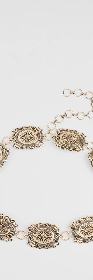 Style your vibe in seconds with the Western Stage Statement Concho Belt in gold, a fashion accessories essential that completes any outfit with ease.