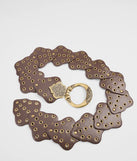 The Western Mood Statement Buckle Medallion Belt in brown brings edge and energy to your vibe, ready to elevate any festival look or concert outfit.
