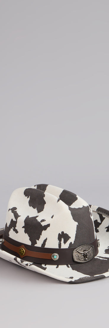 Style your vibe in seconds with the Rodeo Dreams Cow Print Cowboy Hat in multi-color, a fashion accessories essential that completes any outfit with ease.