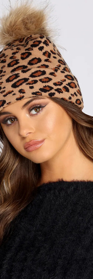 Pom Pom Leopard Print Beanie