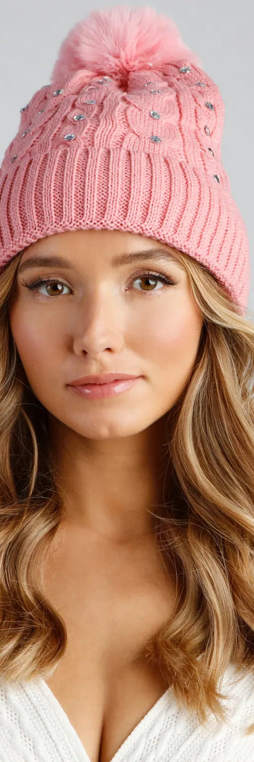Snow Sparkle Rhinestone Pom Beanie