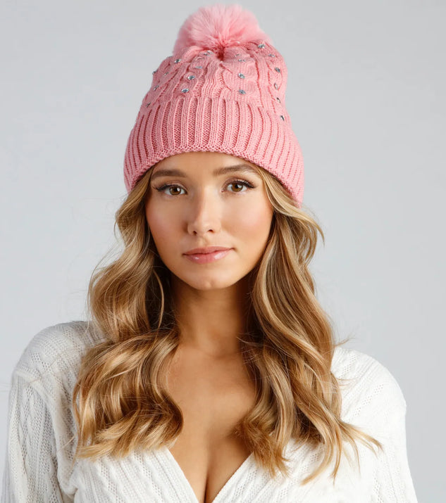 Snow Sparkle Rhinestone Pom Beanie
