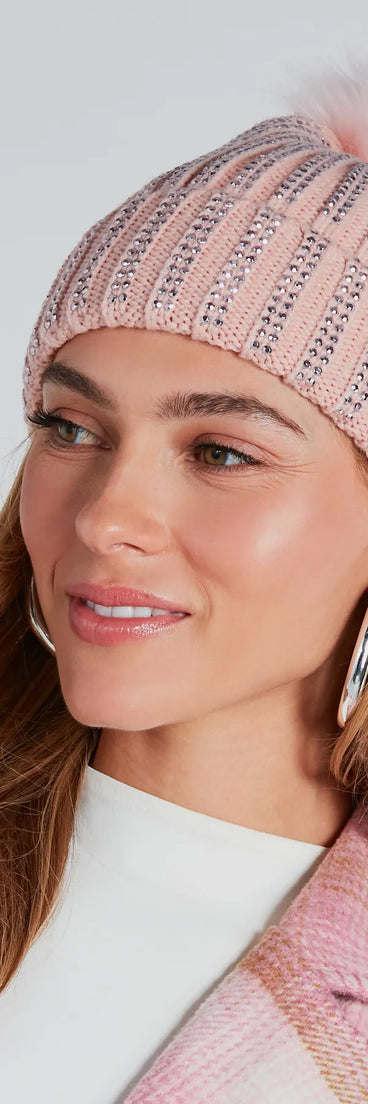Winter Wonderland Rhinestone Knit Faux Fur Beanie