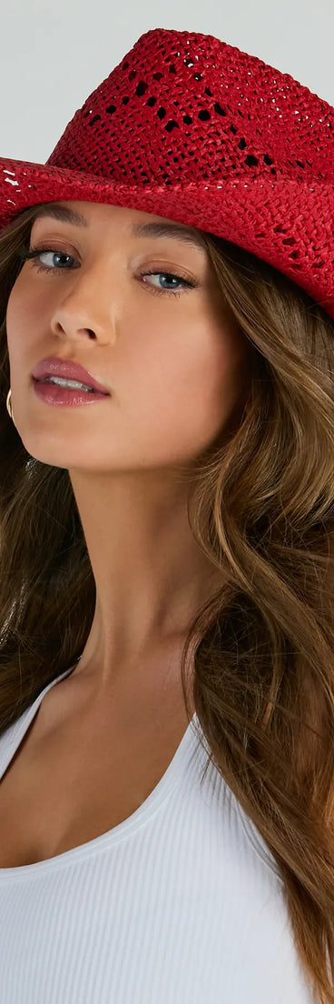 The Country Girl At Heart Straw Cowboy Hat in red brings edge and energy to your vibe, ready to elevate any festival look or concert outfit.