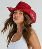 The Country Girl At Heart Straw Cowboy Hat in red brings edge and energy to your vibe, ready to elevate any festival look or concert outfit.