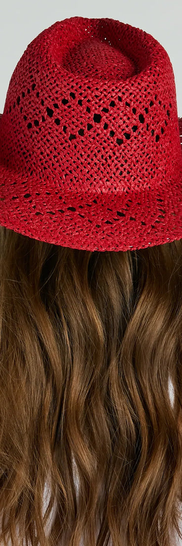 The Country Girl At Heart Straw Cowboy Hat in red brings edge and energy to your vibe, ready to elevate any festival look or concert outfit.