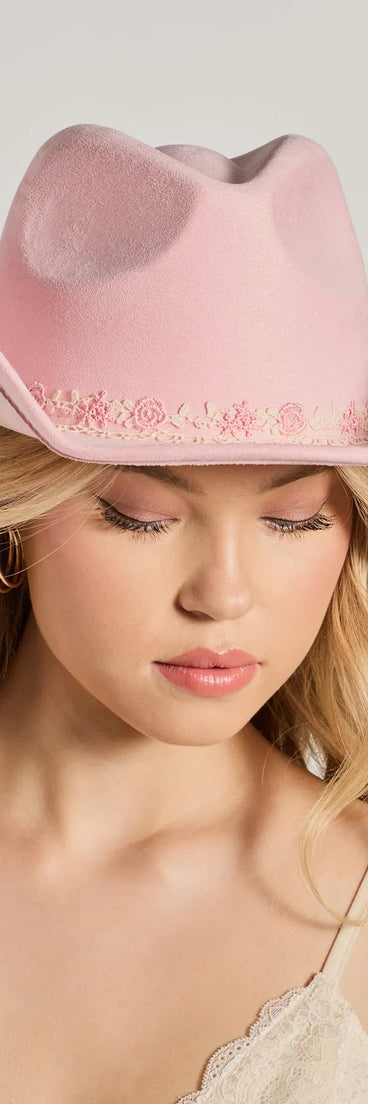 Country Floral Lace Bow Faux Suede Cowboy Hat