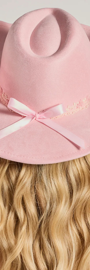 Country Floral Lace Bow Faux Suede Cowboy Hat