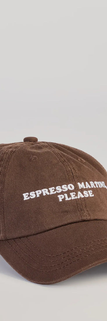Style your vibe in seconds with the Espresso Martini Please Baseball Cap in brown, a fashion accessories essential that completes any outfit with ease.