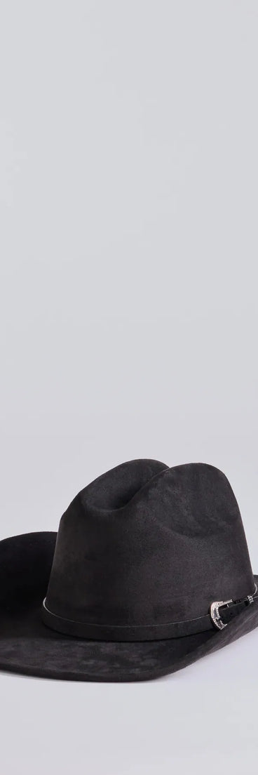 Style your vibe in seconds with the Glam Western Vibe Rhinestone Buckle Strap Cowboy Hat in black, a fashion accessories essential that completes any outfit with ease.