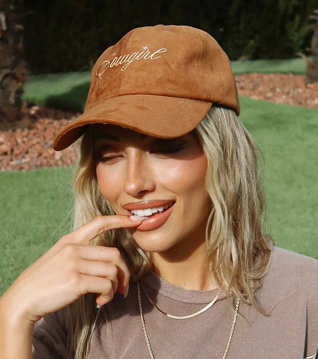 The Faux Suede Cowgirl Script Baseball Cap in cognac brings edge and energy to your vibe, ready to elevate any festival look or concert outfit.