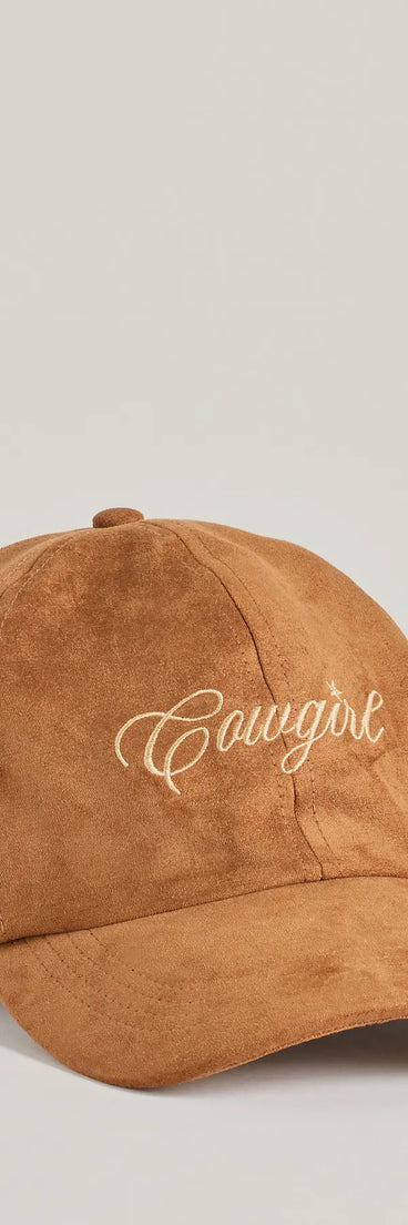 Get inspired with the Faux Suede Cowgirl Script Baseball Cap, a feed-worthy cognac piece that’s part of Windsor's updated and curated women’s clothing edit packed with must-have fall outfit ideas.