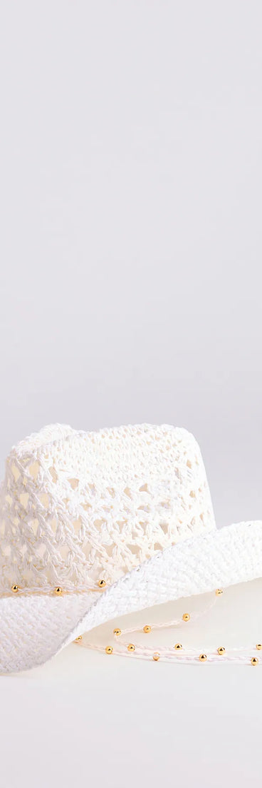 The Beachy Chic Beaded Straw Cowboy Hat in white brings edge and energy to your vibe, ready to elevate any festival look or concert outfit.