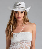 The Beachy Chic Beaded Straw Cowboy Hat in white brings edge and energy to your vibe, ready to elevate any festival look or concert outfit.