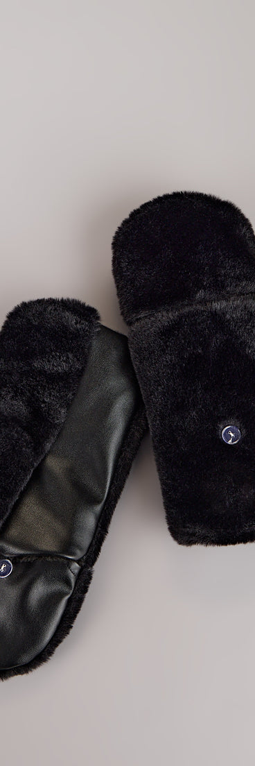 Style your vibe in seconds with the Snug Factor Fur Trim Mittens in black, a fashion accessories essential that completes any outfit with ease.