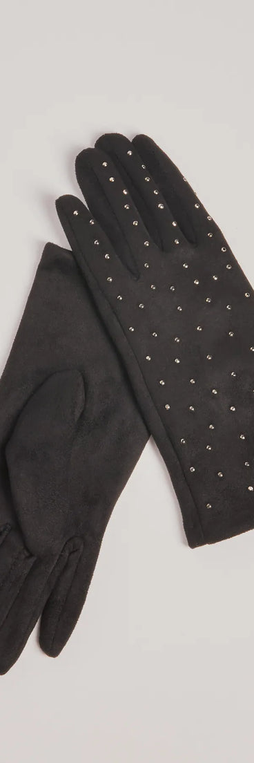 Add a touch of seasonal charm to your winter wardrobe with the Sparkle Moment Faux Suede Rhinestone Gloves, a black cold-weather accessory that effortlessly completes your seasonal looks!
