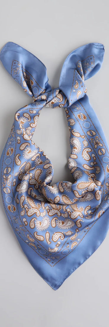 Style your vibe in seconds with the Summer Muse Paisley Satin Scarf in blue, a fashion accessories essential that completes any outfit with ease.