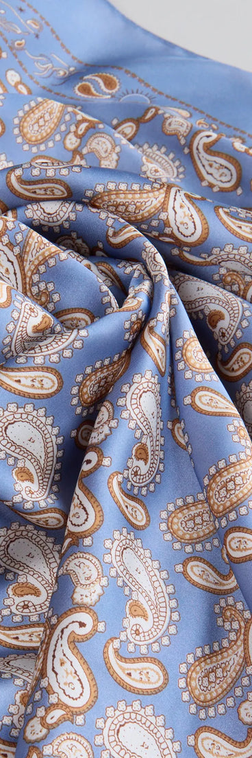Style your vibe in seconds with the Summer Muse Paisley Satin Scarf in blue, a fashion accessories essential that completes any outfit with ease.