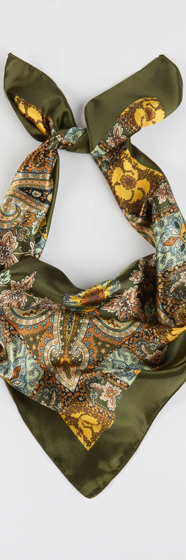 Style your vibe in seconds with the Pretty In Paisley Satin Scarf in olive green, a fashion accessories essential that completes any outfit with ease.