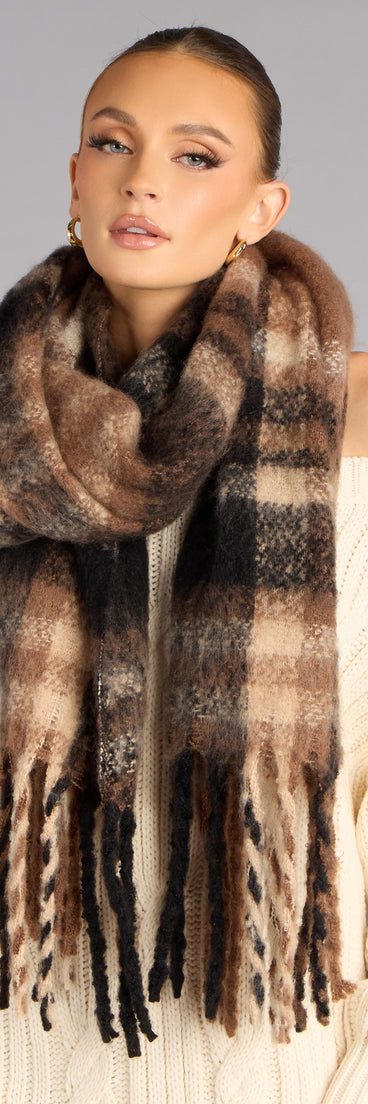 Fuzzy Comfort Plaid Fringe Scarf
