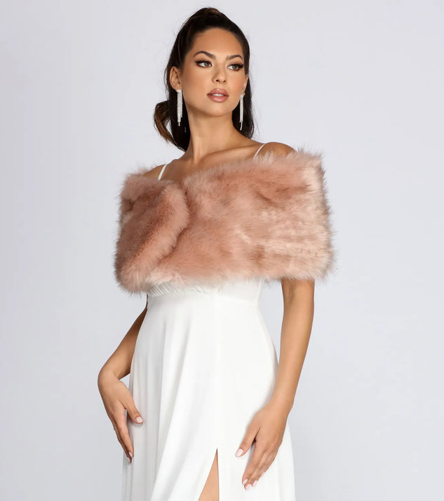 Complete your outfits with the Ms. Diva Faux Fur Shawl, a mauve fashion jacket that adds stylish edge and versatile appeal.