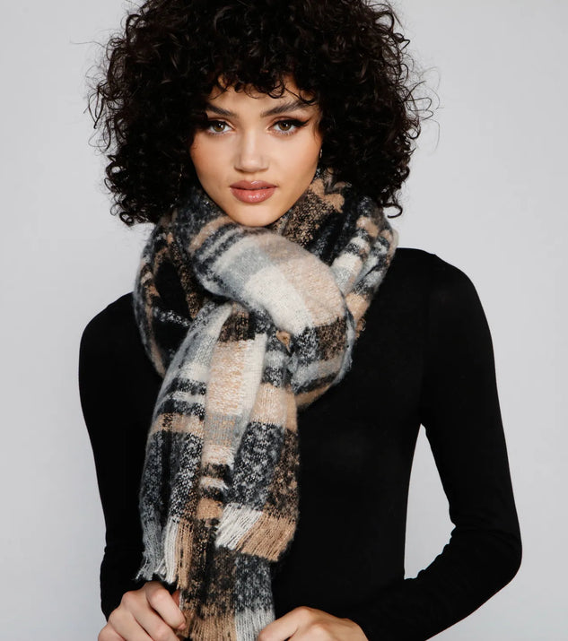 Plaid Cozy Frayed Blanket Scarf