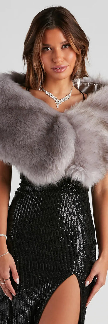 Complete your outfits with the Ms. Diva Faux Fur Shawl, a gray fashion jacket that adds stylish edge and versatile appeal.
