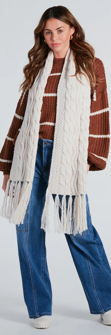 Cozy Cutie Cable Knit Fringe Scarf