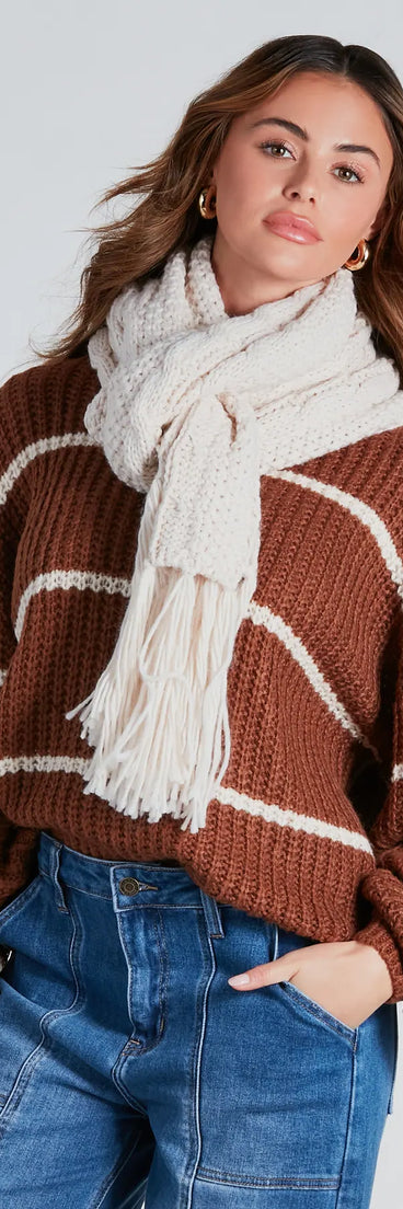 Cozy Cutie Cable Knit Fringe Scarf