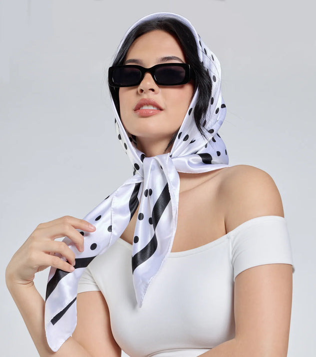 Stay on-trend this season with the Dotted Darling Polka Dot Satin Scarf in white, a must-have for creating stylish and effortless spring outfits for women.