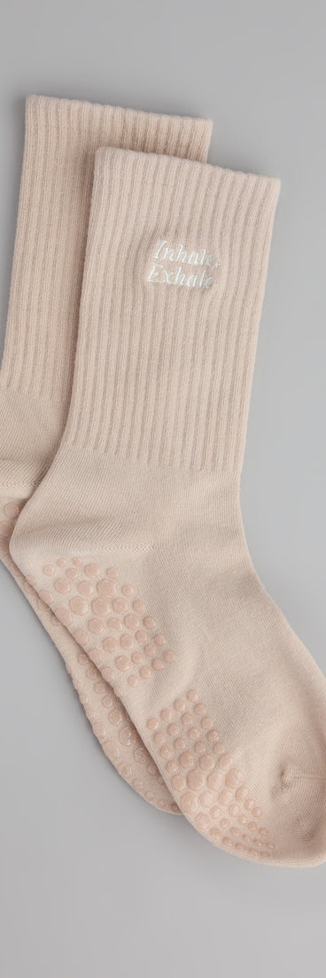 Style your vibe in seconds with the Inhale Exhale Grip Crew Socks, a fashion accessories essential that completes any outfit with ease.