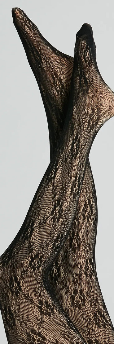Striking Bold Faux Sheer Lined Floral Lace Tights