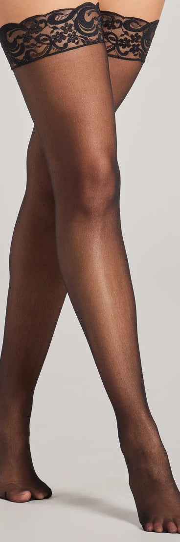 Sultry Style Lace Trim Sheer Stockings, a trendy black addition to women's going-out outfits, is ideal for Christmas party outfits, chic NYE attire, or winter night-out looks that keep you on-trend!