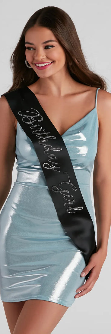 MGJSRNH Birthday Sash For Women & Girls - Black Glitter Satin With Rhinestones, Reusable Party Decoration