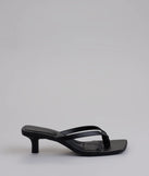 Elevate warm-weather looks with Feeling Chic Thong Square Toe Heels in black, a pair of trendy sandals bringing chic, modern flair to every step.