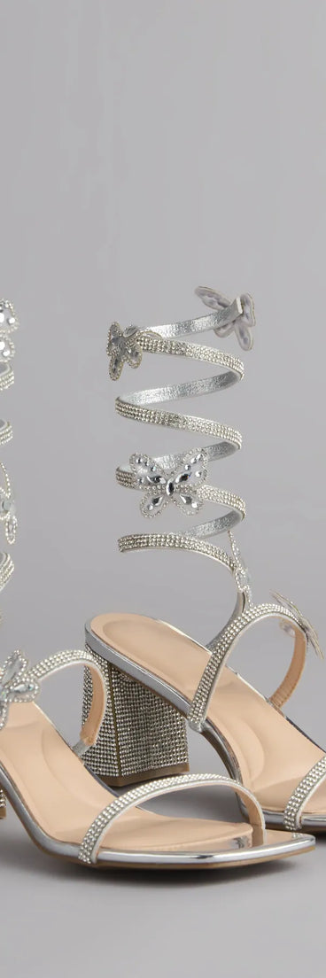 Flutter Up Rhinestone Spiral Strap Heels