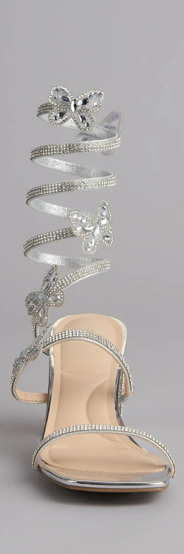Flutter Up Rhinestone Spiral Strap Heels