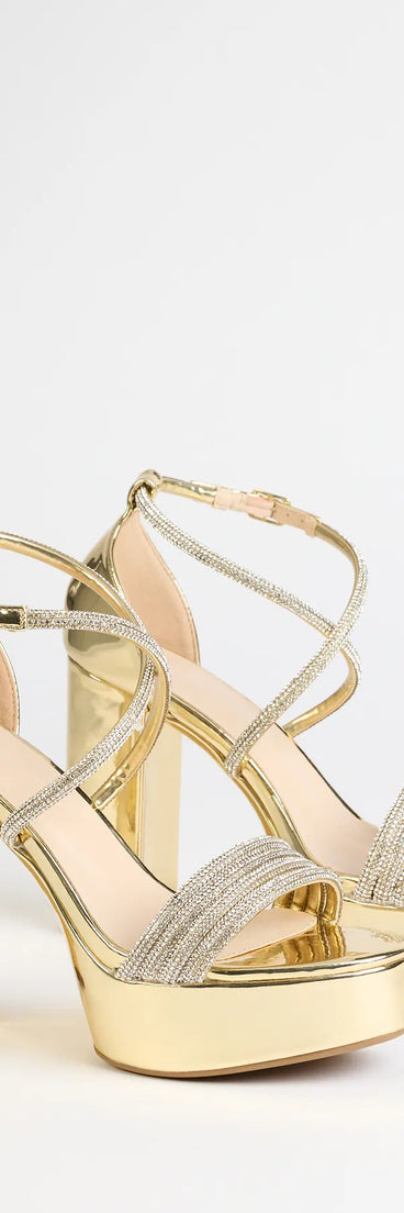 Step into style with the Glam Sheen Rhinestone Strappy Platform Heels, gold heels made to complete your Windsor look with comfort and glam in mind.