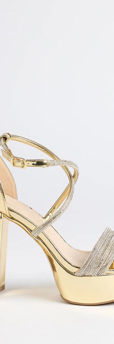 Elevate warm-weather looks with Glam Sheen Rhinestone Strappy Platform Heels in gold, a pair of trendy sandals bringing chic, modern flair to every step.