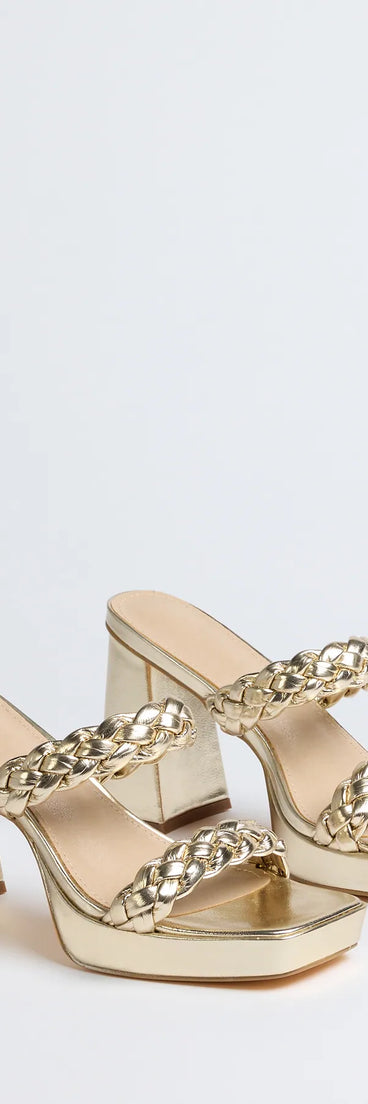 Step into style with the Social Season Braided Strap Mules, gold heels made to complete your Windsor look with comfort and glam in mind.