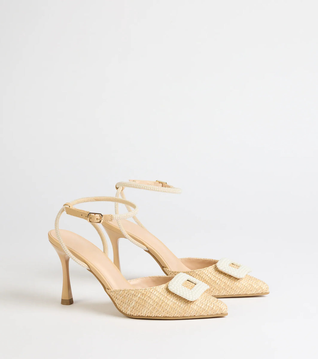 Polished Strut Faux Pearl Straw Stiletto Pumps & Windsor