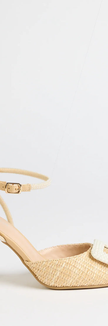 Elevate warm-weather looks with Polished Strut Faux Pearl Straw Stiletto Pumps in ivory, a pair of trendy sandals bringing chic, modern flair to every step.