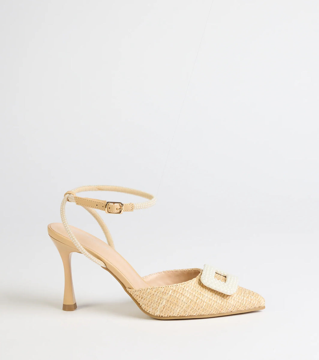 Polished Strut Faux Pearl Straw Stiletto Pumps & Windsor