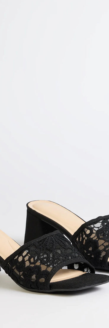 Step into style with the Flirty And Fun Lace Block Heel Mules, black heels made to complete your Windsor look with comfort and glam in mind.