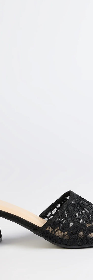 Elevate warm-weather looks with Flirty And Fun Lace Block Heel Mules in black, a pair of trendy sandals bringing chic, modern flair to every step.